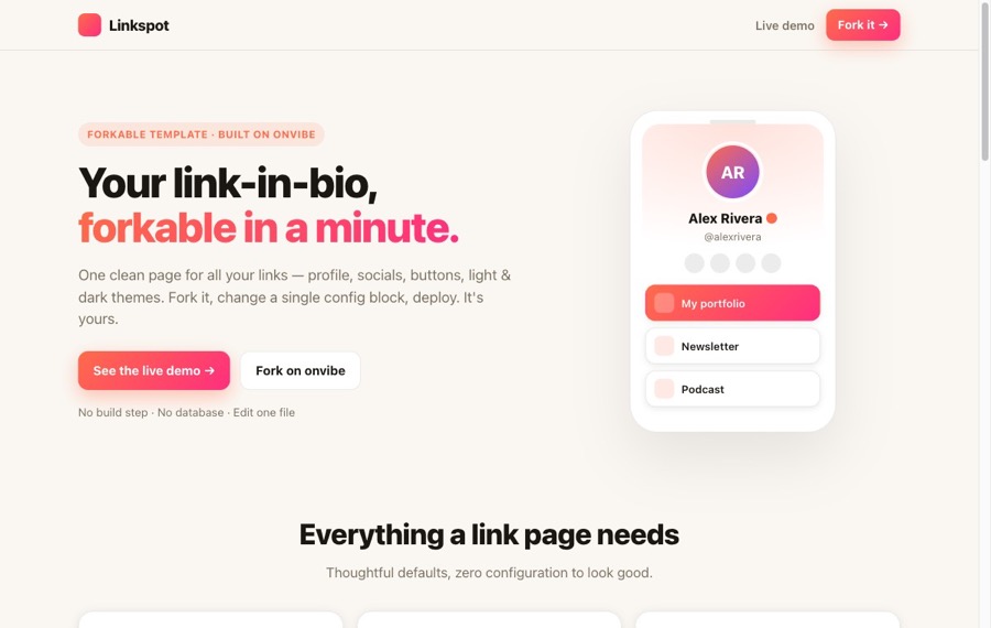 Linkspot: a link-in-bio page with an avatar, socials and link buttons