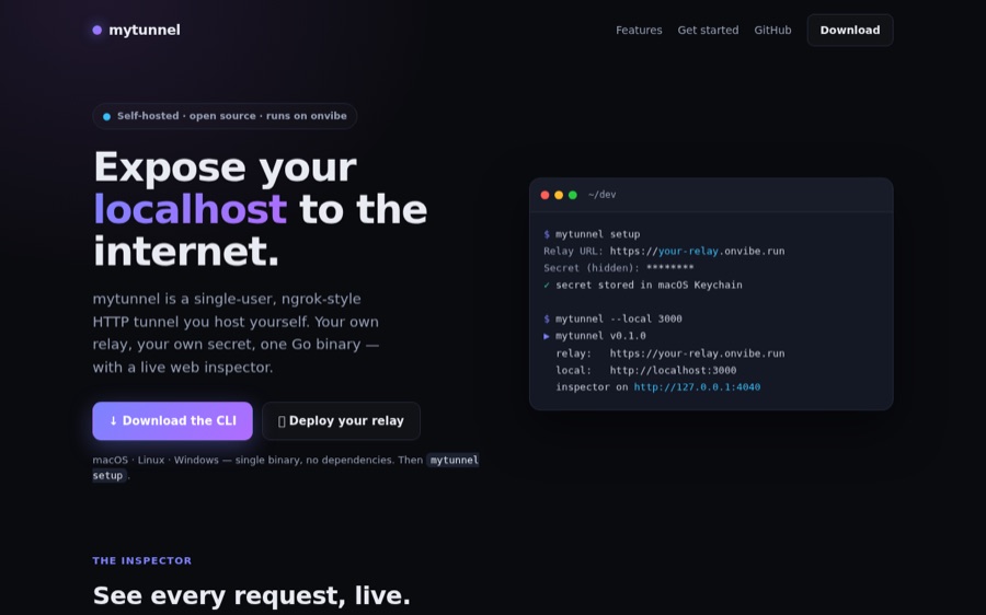 mytunnel's home page, with a terminal showing the CLI setting up a relay