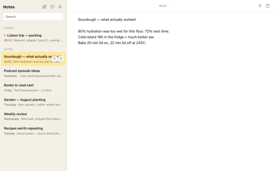 The notes app: pinned and recent notes down the left, the open note on the right
