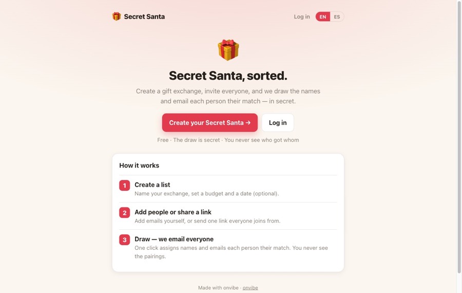 Secret Santa: a gift-exchange organiser with a festive landing page