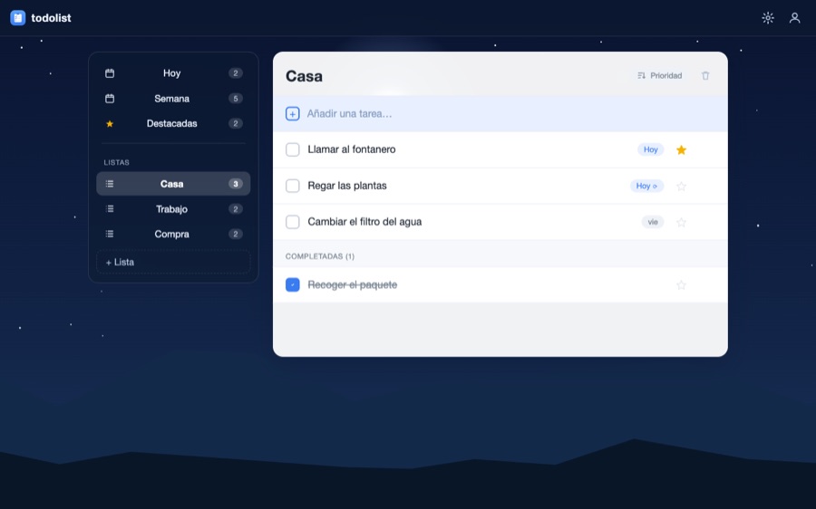 The to-do app at night: lists on the left, the tasks of one list on the right